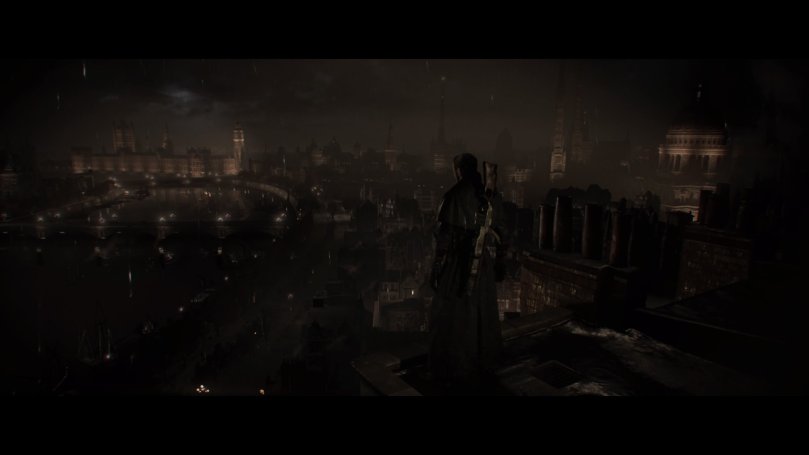 The final shot of the game where the protagonist overlooks the devastation happening in London at night from a building rooftop. This images exudes Batman vibes.