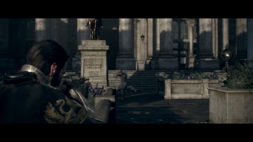 A combat scene early in the game that shows the protagonist aiming down the sights to take a shot an an enemy running across the scene. In the background there's the big city hall building.
