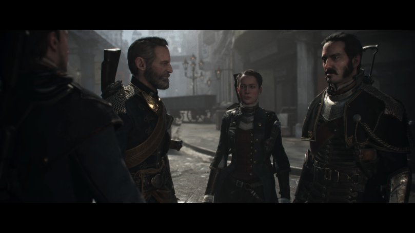 This picture shows a close-up of the main group of characters in the middle of London's streets arguing.