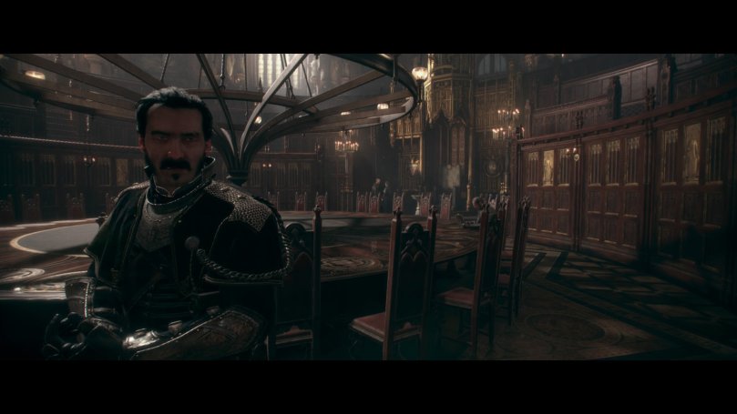 The protagonist stands in the assembly or war room of The Order after a meeting. It is a giant hall elaborately adorned with gold and woodwork. In the middle is a large round table with seats.