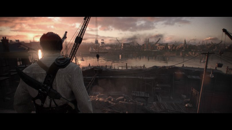 The protagonist "enjoys" the vista of the London docks from a high position during sunrise.