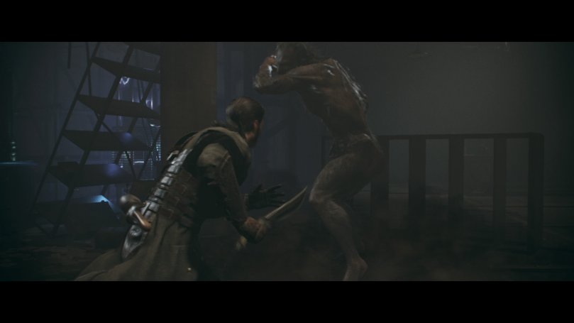 The protagonist fights a transformed lycan in a one-on-one combat scenario with a large knife as the only weapon. The altercation takes place in the harried laboratory of Nikola Tesla.