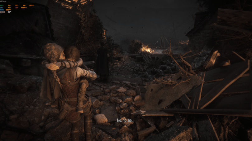 Amicia carries Hugo through the destroyed remains of a city, folowing their mother after an attack a a giant swarm of rats at night.