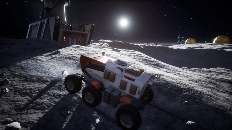 A perseonell transport on the rocky surface of the moon. The sun is illuminating the scene with a cold light.