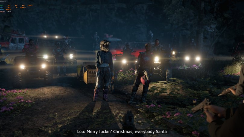 The evil twins of Far Cry New Dawn looking at the player's character in the dark of night. Their crew is sitting on bikes and vehicles in the background, pointing their headlights into the direction of the camera.