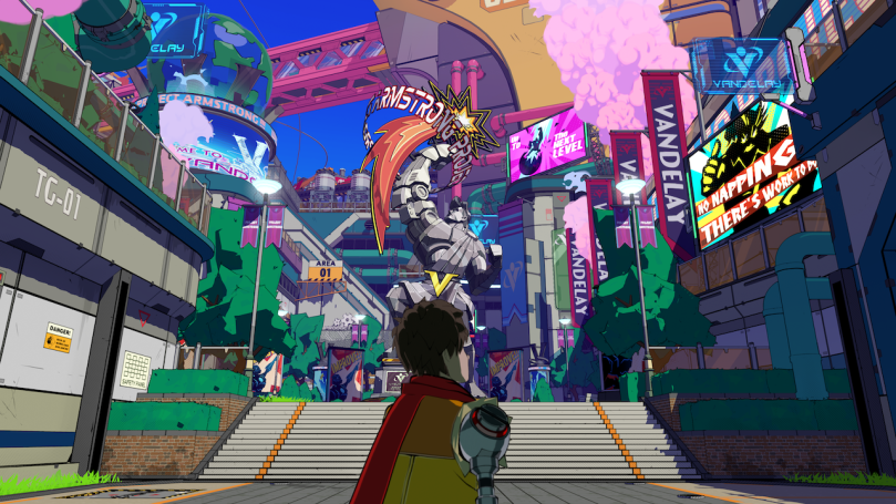 The main character walks in to a bistling and colorful city with a lot of bright signs on building facades.
