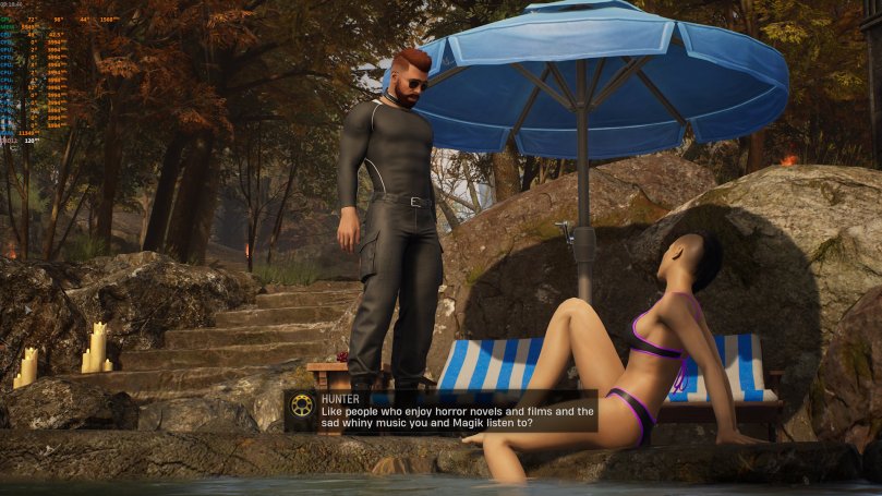 The Hunter talking to Nico sunbathing at the pool of the Abbey.