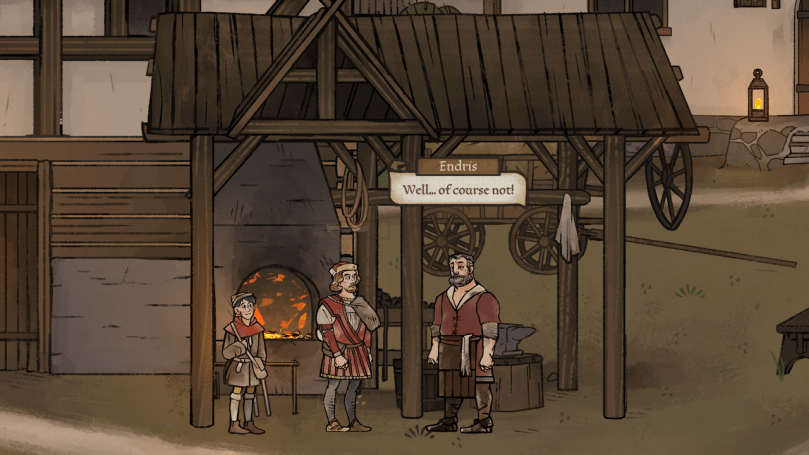 The main character and his apprentice are talking to the local blacksmith in front of his shop.