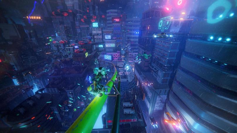 Rivet is sliding down a greenly lit pipe into a giant and colorful dystopian future city.