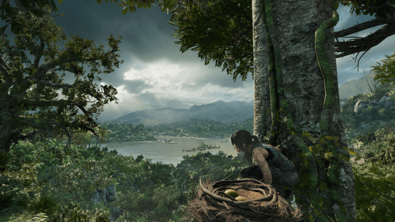 Lara sits on a tree branch in the middle of the peruvian jungle. A giant lake is in the background and the sky is overcast with dark clouds.