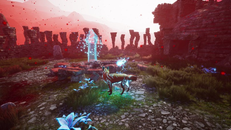 The little fox standing in the yard of a crumbled castle watching a freed spirit perform a thanking pose before vanishing. The sky has a bright orange and red hue.