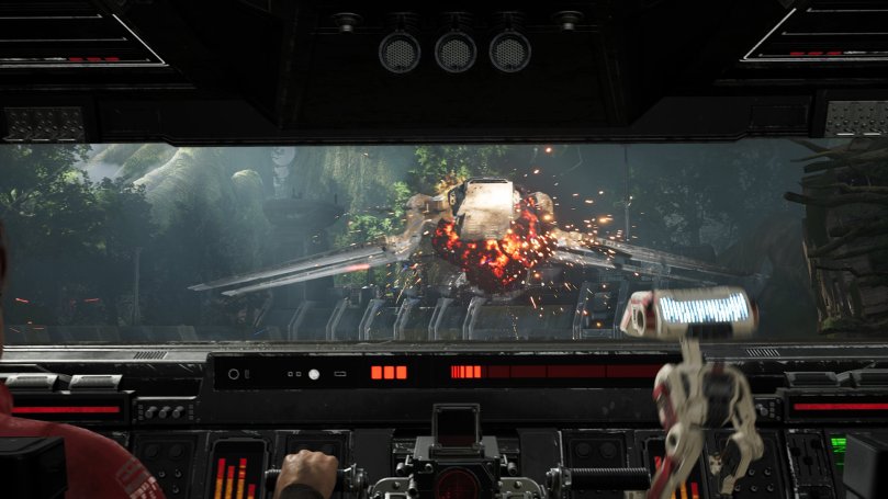 Kal Cestis and BD-1 driving an AT&T walker on the planed of the wookies shooting at imperial enemies and structures.