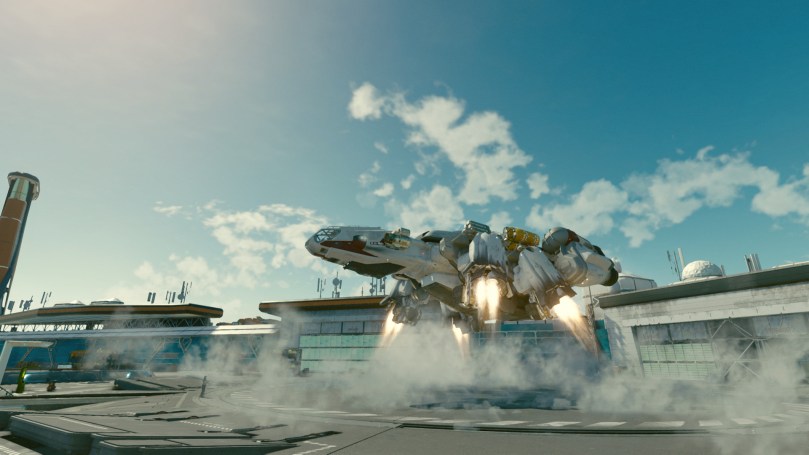 The Frontier starship landing at the New Atlantis spaceport during a beautiful sunny day with a blue sky in the background.