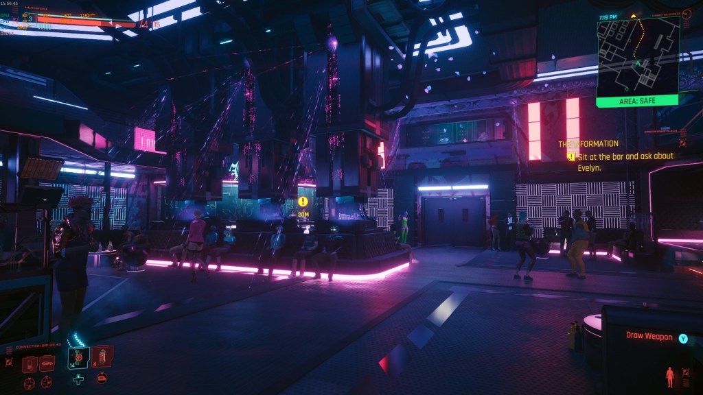 A screenshot of a night club in Cyberpunk 2077 showing the differences in how lighting is handled, showing a darker and more atmospheric depiction of a club.