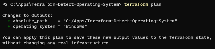 A screenshot that shows the Windows Terminal output of the Terraform plan command.