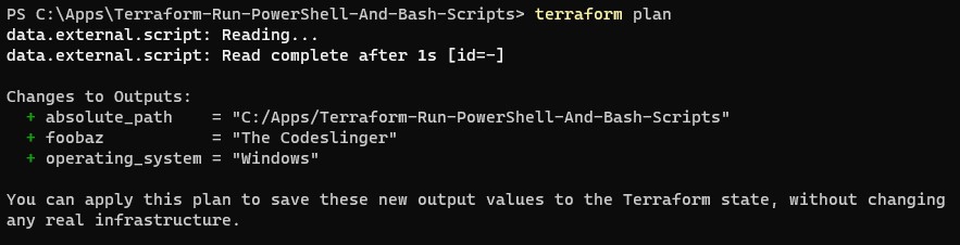 A screenshot that shows the Windows Terminal output of the Terraform plan command.