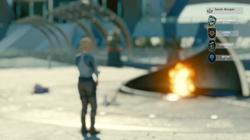 An example of the "Bethesda Jank" not focusing the camera on the important character in the scene, Sarah Morgan, spending a quiet moment at a memorial in New Atlantis.