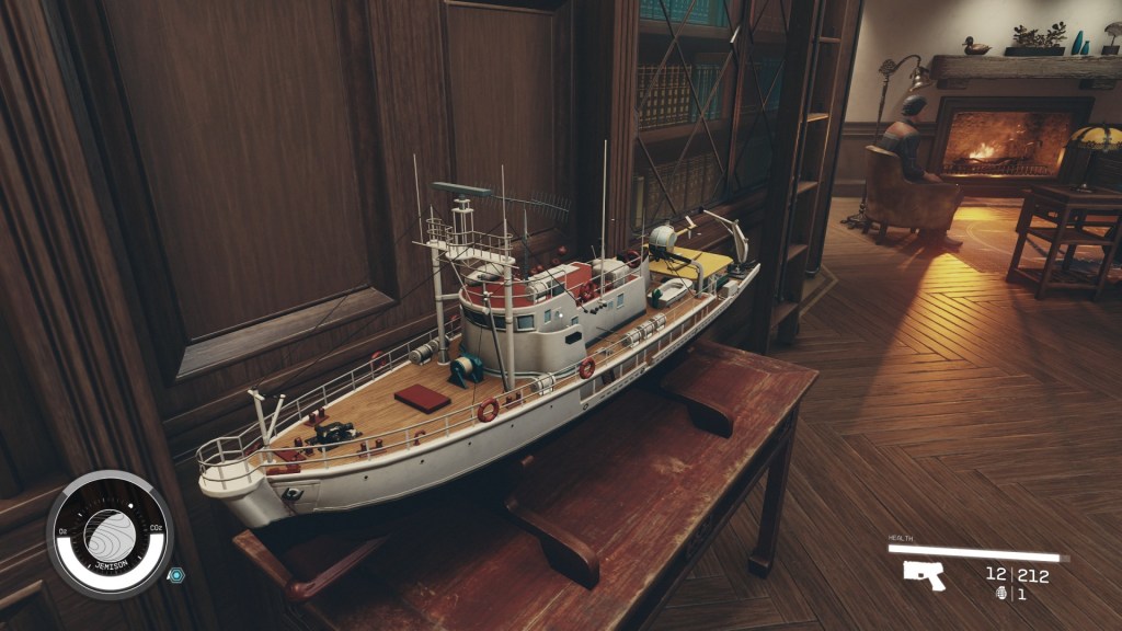 A detailed close-up of a model ship on a shelf in the Lodge in New Atlantis.