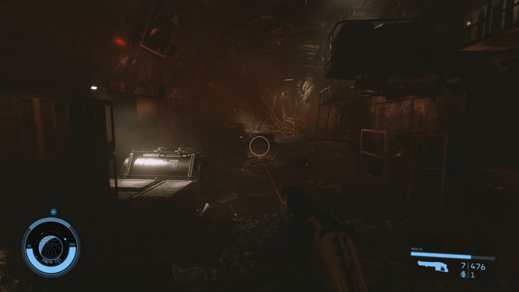 A dark research facility room after a grave accident that has been overgrown by organic materials from gient bug-like insects.