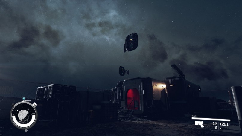 An example of a bug that places a habitats airlock doors several meters above the building on a dark and rocky planet.