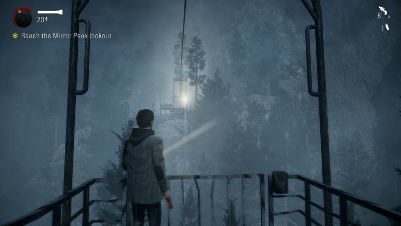Alan Wake stands on a platform toward Mirror Peak Lookout in the night with a flashlight and a flare gun in his hand.