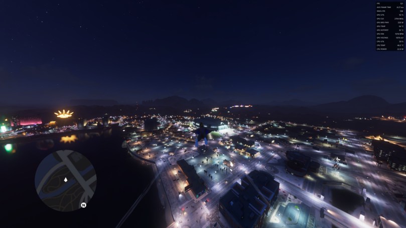 The main character of Saints Row uses a wingsuit to glide above the big, colorful city in the night.