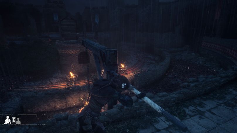 Amicia operating a contraption with a brazier hanging off it to corral rats.