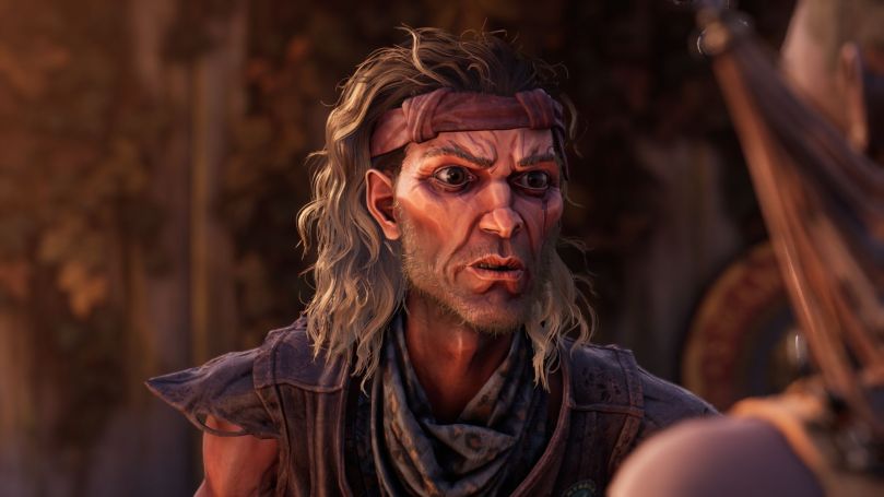 Close-up of a character staring at Hazel, who is barely in view of the camera.